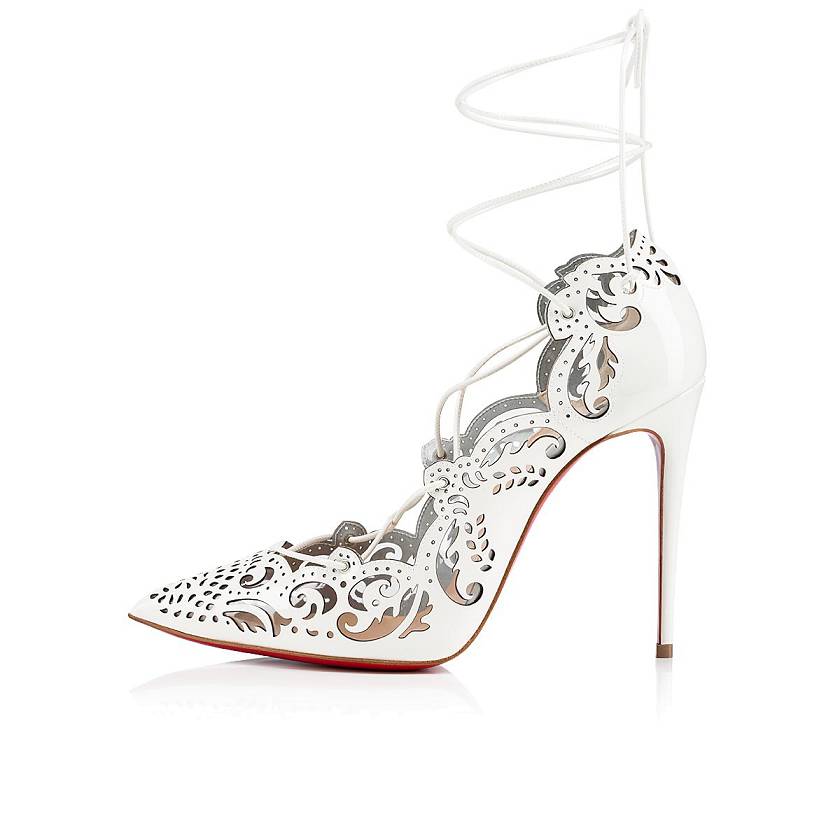 Women's Christian Louboutin Impera 100mm Patent Leather Strappy Heels - Snow [7503-629]